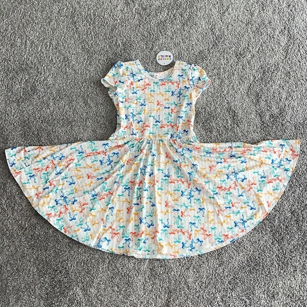 Dot Dot Smile Girl's Cap Sleeve Dress 5-6 Stripes & Bows Short Sleeve Twirl